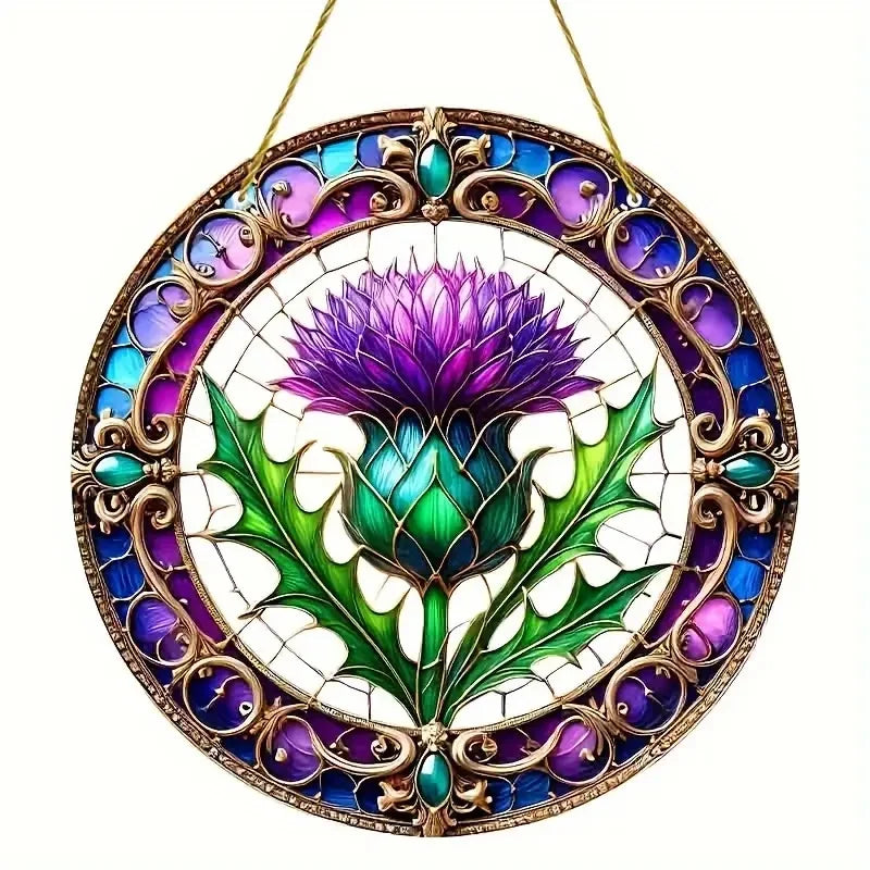 Attrape-Soleil ThistleLight | Décoration de fenêtre en acrylique ronde avec motif de chardon | 15–20 cm | Peint à la main & translucide