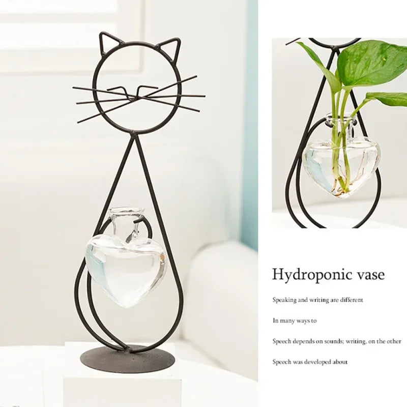 Felora | Vase en verre en forme de cœur pour hydroponie avec support pour chat | Fer forgé fait main & verre borosilicaté