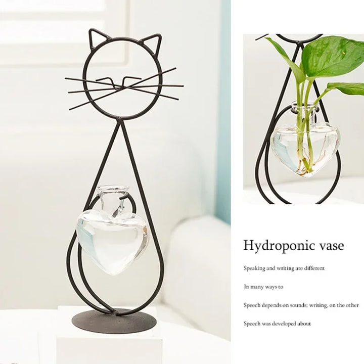 Felora | Vase en verre en forme de cœur pour hydroponie avec support pour chat | Fer forgé fait main & verre borosilicaté