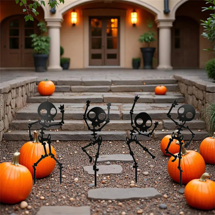 Décoration de jardin SpookySteps | Squelettes dansants | Métal résistant aux intempéries | Ensemble de 4 | Décoration d'extérieur Halloween