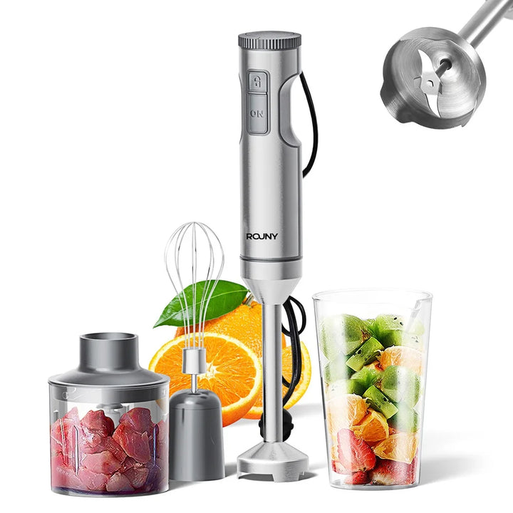 BlendMaster | Ensemble de mixeur plongeant 4-en-1 en acier inoxydable | Gobelet de 700 ml, hachoir de 500 ml & fouet | 14 vitesses