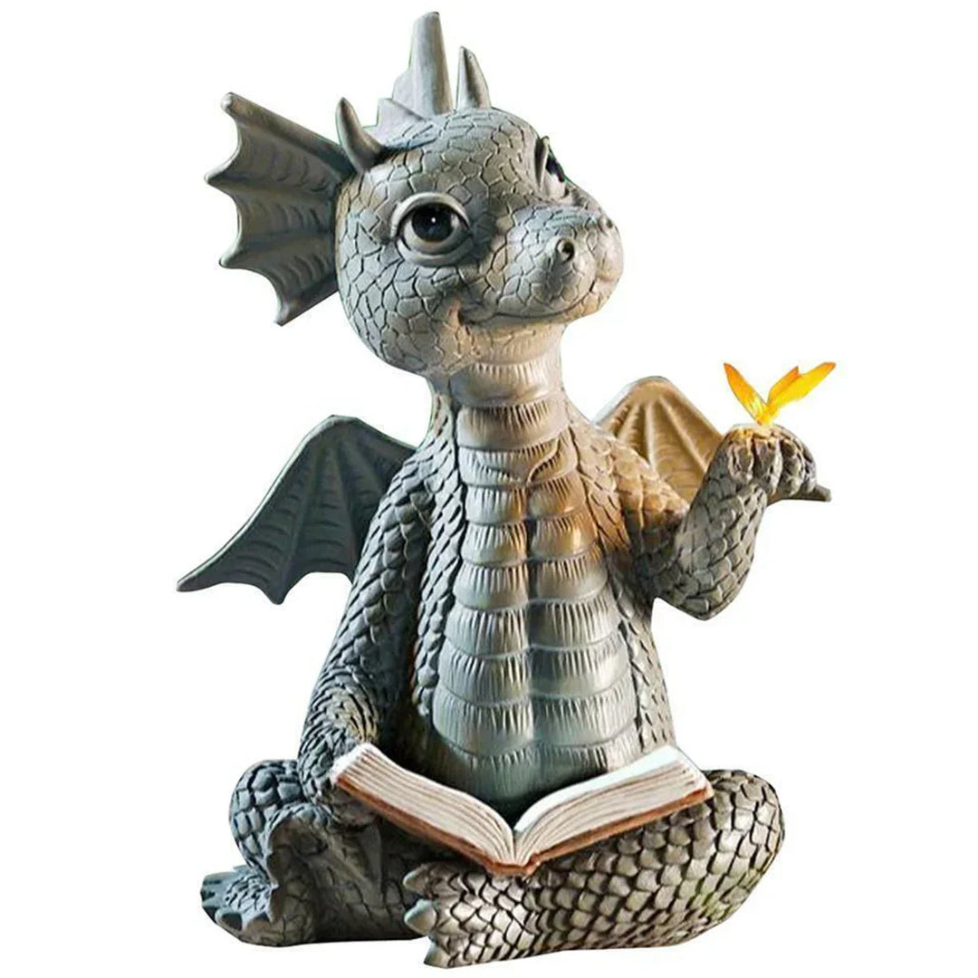 Figurine de dragon avec livre | Peinte à la main & Résistante aux intempéries | Sculpture en résine | 9 × 7 × 10 cm