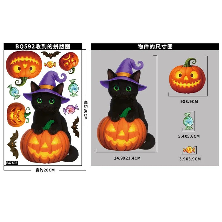 Autocollants de fenêtre SpookyPumpkins | Autocollants de décoration d'Halloween | Citrouille, chat & fantôme | Réutilisables & adhésifs statiques