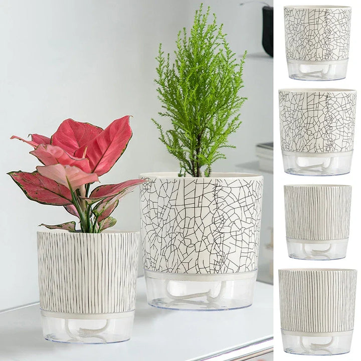 FLORANO Pot de Fleurs | Plastique avec Réserve d'Eau | Amovible | Design Ice-Crack & Zebra