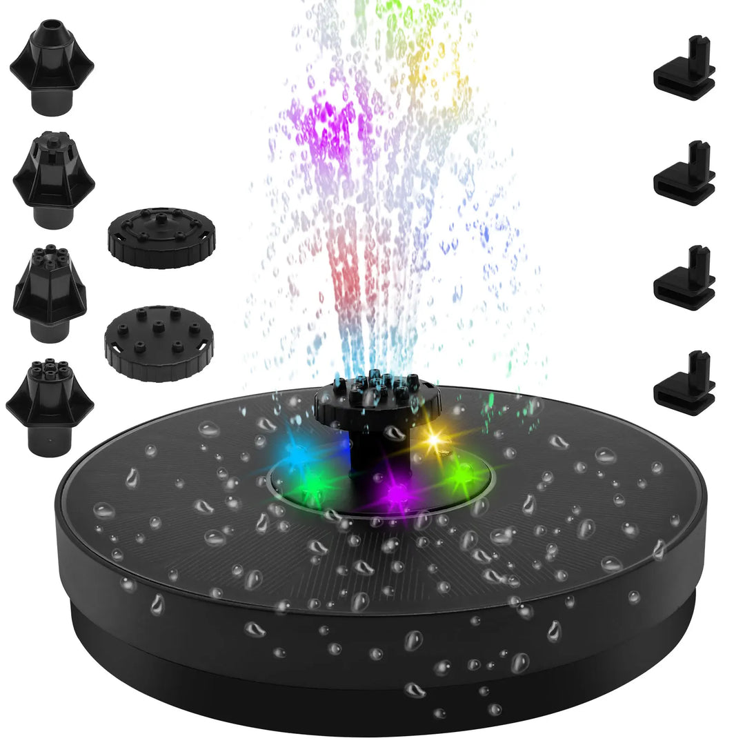 AquaLume Fontaine Solaire | Fontaine solaire 3W avec jeu de lumières LED | Jusqu'à 60 cm de hauteur de jet | 7 buses interchangeables