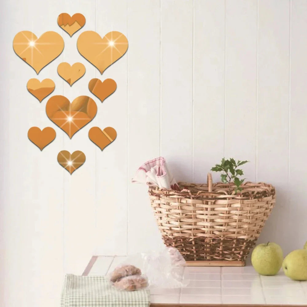 HeartMirro | Autocollant mural 3D en forme de cœur | Effet miroir or et argent | 10 pièces