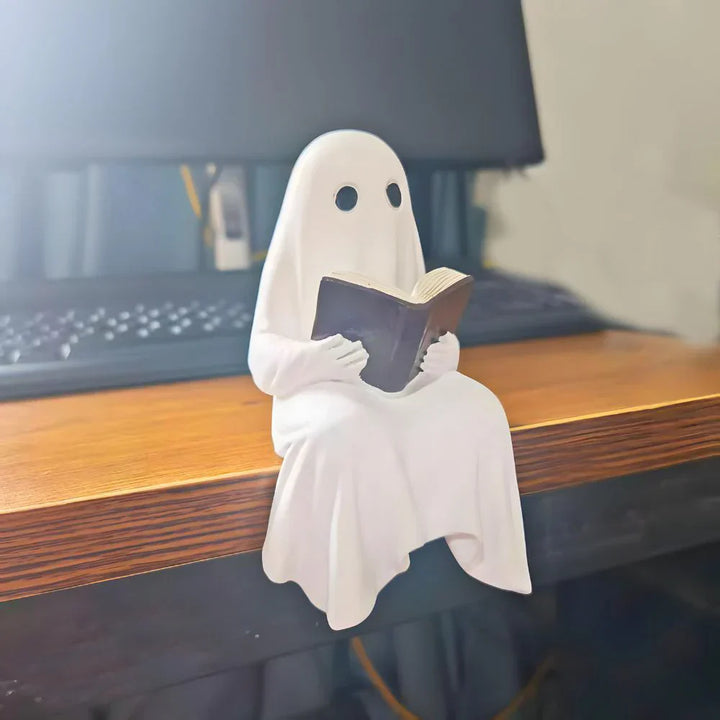 Figurine Halloween BookyGhost | Petit esprit lecteur | Figurine déco en résine | 12 x 7 x 6 cm
