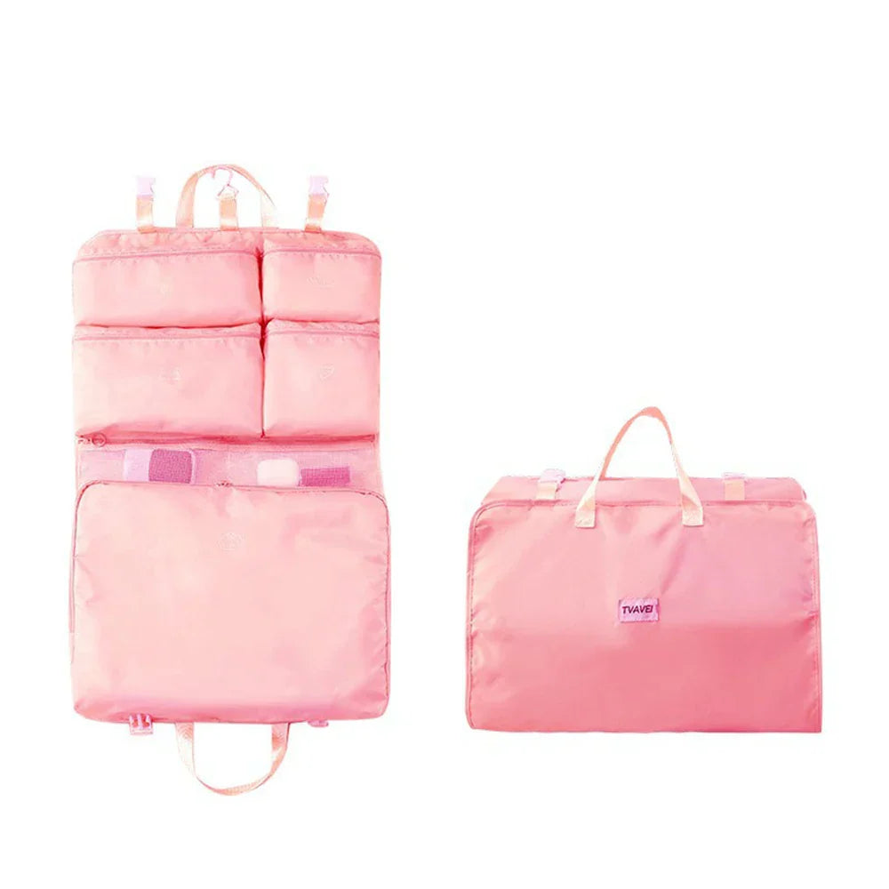 Travella 6-en-1 Sac de rangement de voyage pliable | Suspendu & Portable | Sac multifonction pour vêtements, cosmétiques & accessoires | Gris/Beige/Rose