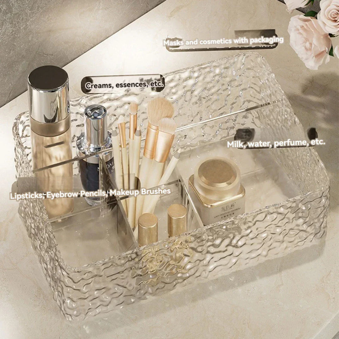 Boîte Organisatrice de Maquillage ClaryLux | Design Ondes d'Eau | Grande Capacité | Forme Trapézoïdale Ouverte