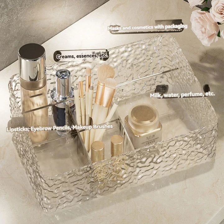 Boîte Organisatrice de Maquillage ClaryLux | Design Ondes d'Eau | Grande Capacité | Forme Trapézoïdale Ouverte