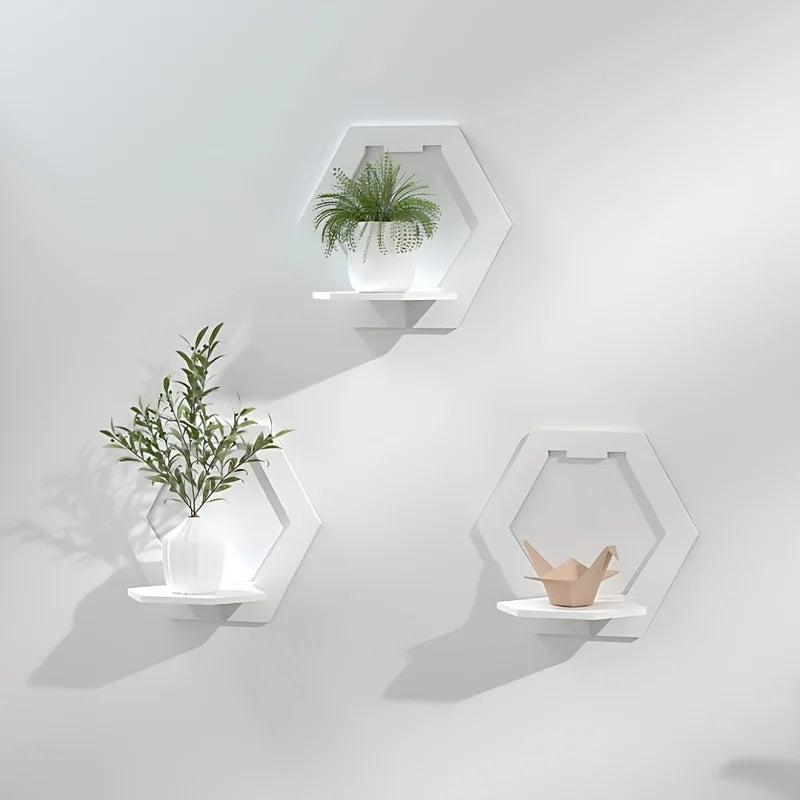 HexaWood Étagère Murale | Design Hexagonal | Bois Blanc | Sans Perçage