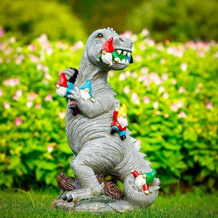 DinoCharm | Statue Dino & Nain de Jardin | Décoration de Jardin Amusante | Figurine en Résine pour Décoration Intérieure & Extérieure