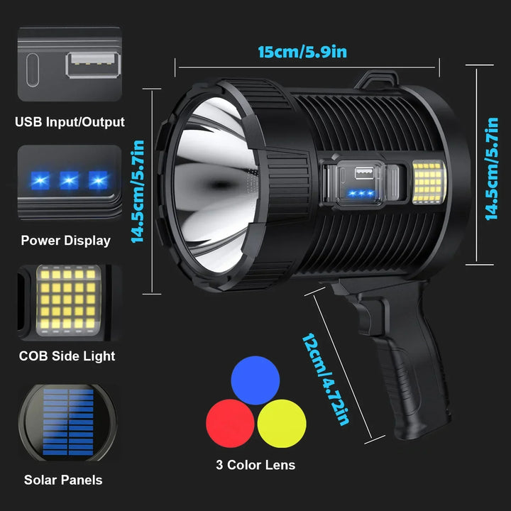 Lampe de poche LuminexPro 900K | 900.000 Lumens | Batterie 10000 mAh | Fonction de charge solaire & USB | Étanche IPX5
