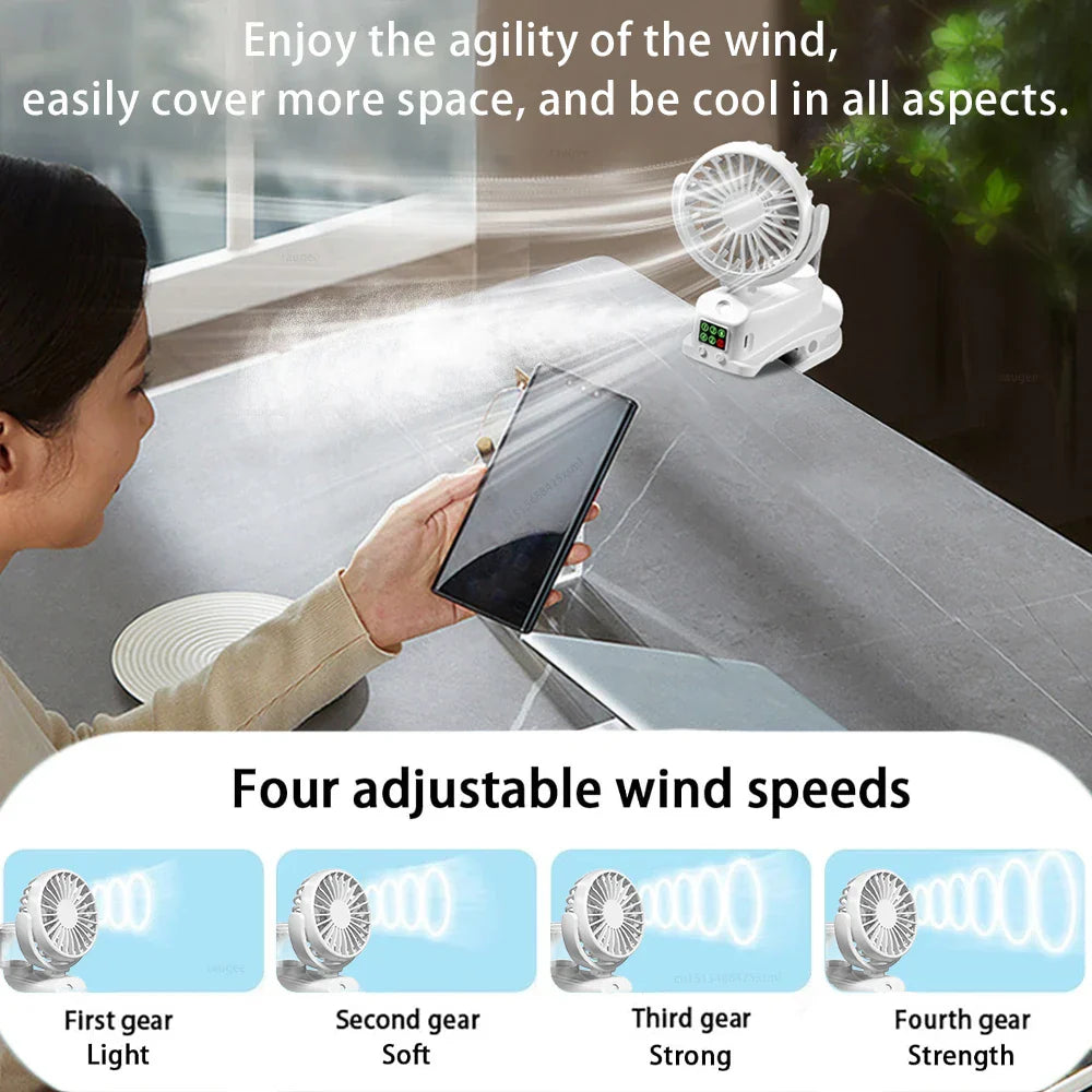 Mistello Ventilateur à spray portable avec clip | 4 vitesses & 360° rotatif | Mini ventilateur USB avec nébuliseur pour bureau, voiture & camping