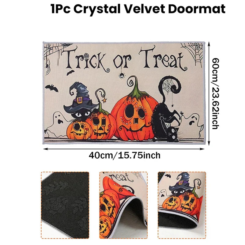 Tapis d'entrée Halloween SpookyHome | Velours Cristal | Citrouilles & Fantômes | Antidérapant & Doux