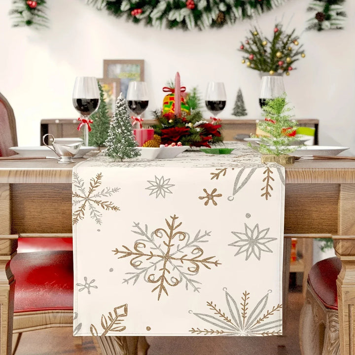 Nordglanz | Chemin de table d'hiver | Décor flocons de neige | Blanc & Or | 33 × 183 cm | Aspect lin
