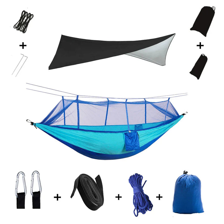 Trekviva Hamac de Camping | Filet anti-moustiques intégré & Tarp de pluie | Ultra léger & Résistant | Solution 3-en-1 pour l'extérieur