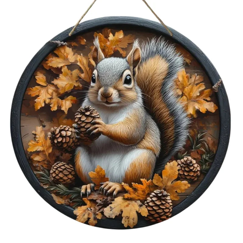 Panneau en bois AutumnTail | Panneau de bienvenue rond avec motif d'écureuil | 20–30 cm | Décoration d'automne et d'hiver faite à la main
