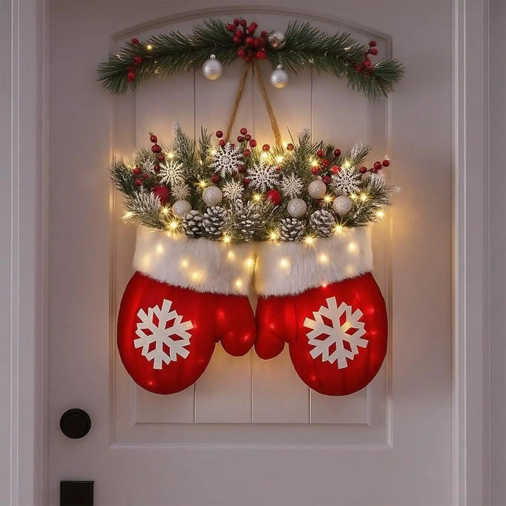 Couronne de Noël | Éclairage LED | Pommes de pin, baies & effet givré | Pour décoration de porte, mur & table