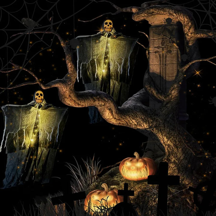 Décoration Halloween GloomyGhost | Fantôme crâne lumineux | Figurine suspendue avec LED | 57 × 80 cm