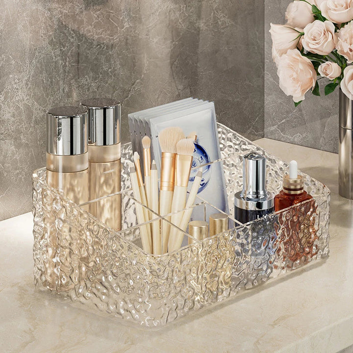 Boîte Organisatrice de Maquillage ClaryLux | Design Ondes d'Eau | Grande Capacité | Forme Trapézoïdale Ouverte