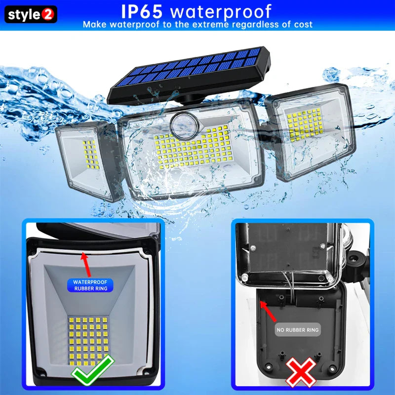 SecuSolar MaxView 167 Projecteur solaire de sécurité 167 LEDs | 3 têtes orientables | Détecteur de mouvement & 3 modes d'éclairage | Étanche IP65 | 2200 Lumens