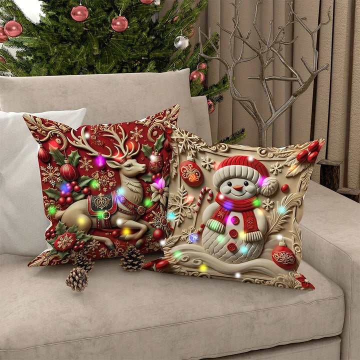 Housse de coussin LED Noël LumiNoël | Design 3D Père Noël | Avec fonction éclairante | 45x45 cm Polyester