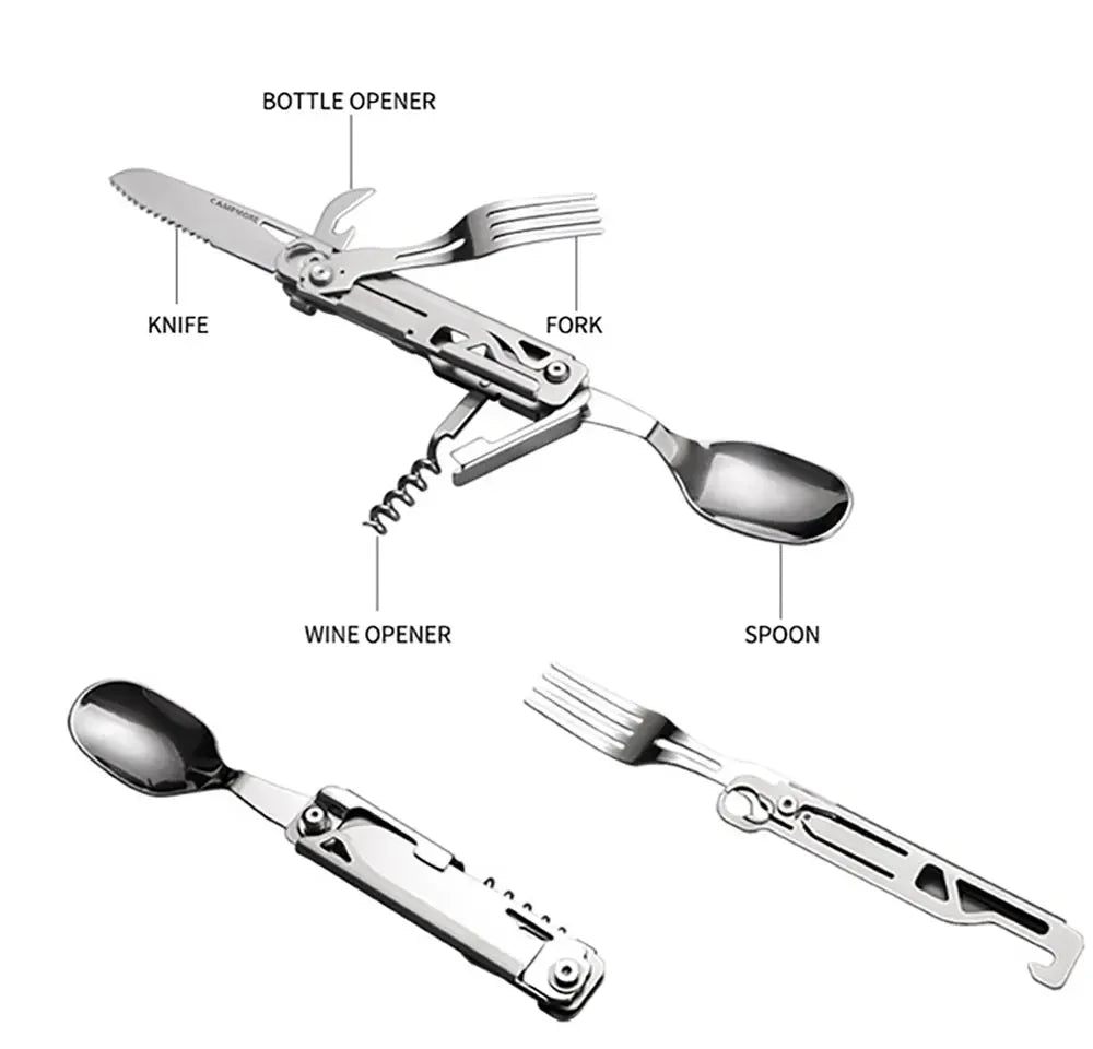 GearSpork Couverts de plein air 6-en-1 | Couverts multifonctions pliables en acier inoxydable | Couteau, fourchette, cuillère, ouvre-boîte & ouvre-bouteille | Pour camping & trekking