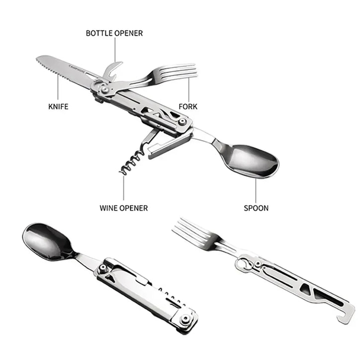 GearSpork Couverts de plein air 6-en-1 | Couverts multifonctions pliables en acier inoxydable | Couteau, fourchette, cuillère, ouvre-boîte & ouvre-bouteille | Pour camping & trekking