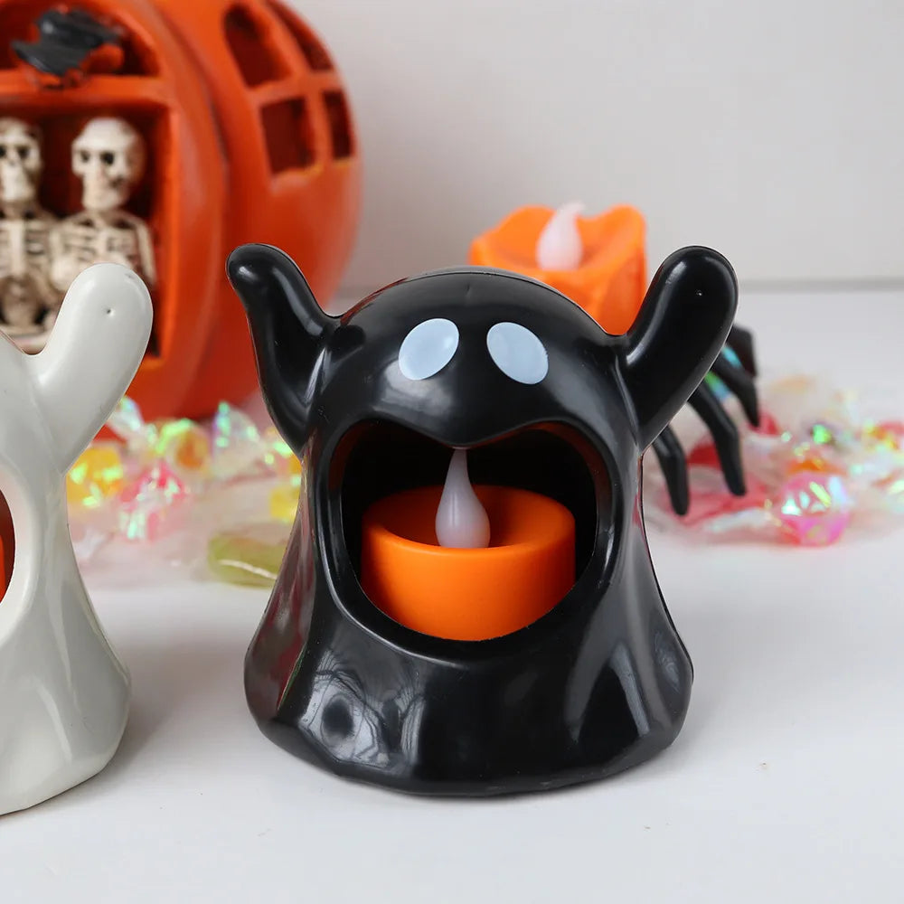 Lampe à bougie Halloween SpookyGlow | Lumière LED vacillante Blanc chaud | Fonctionne sur piles | Décoration pour maison, jardin & fête | 8×8 cm