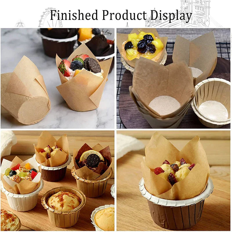 BakeLina Moules à Muffins et Cupcakes en Forme de Tulipe | 200 pièces | Papier de cuisson de qualité supérieure | Résistant à la chaleur & Alimentaire