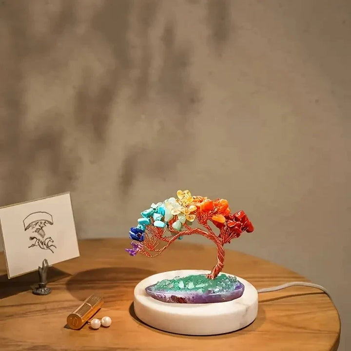 Arbre de Cristal AuroraTree | Pierres Précieuses Naturelles | Base en Agate & Fil de Cuivre | Arbre de Bonheur Feng Shui 10 cm