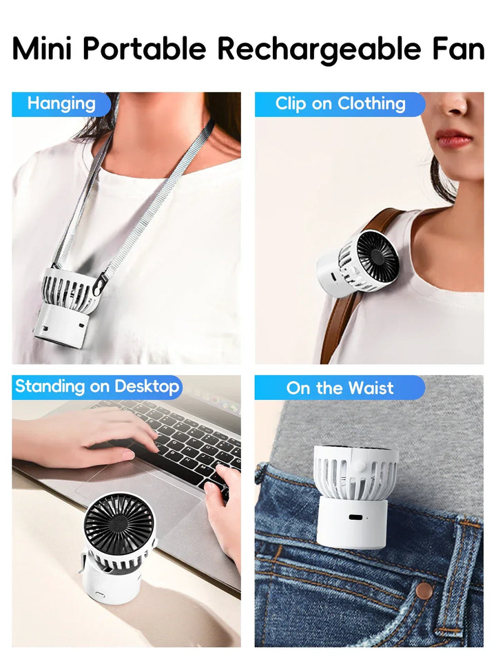 Mini-Ventilateur CoolEase GoClip | Ventilateur USB-C portable avec batterie de 1000 mAh | À porter autour du cou, à clipser ou à poser | Fraîcheur estivale 3-en-1 pour vos déplacements