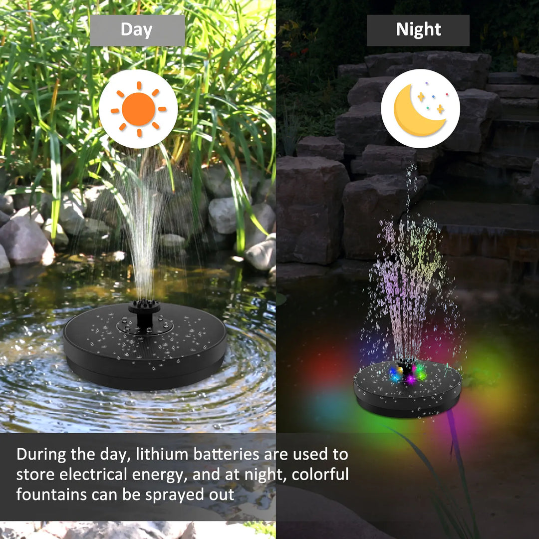 AquaLume Fontaine Solaire | Fontaine solaire 3W avec jeu de lumières LED | Jusqu'à 60 cm de hauteur de jet | 7 buses interchangeables