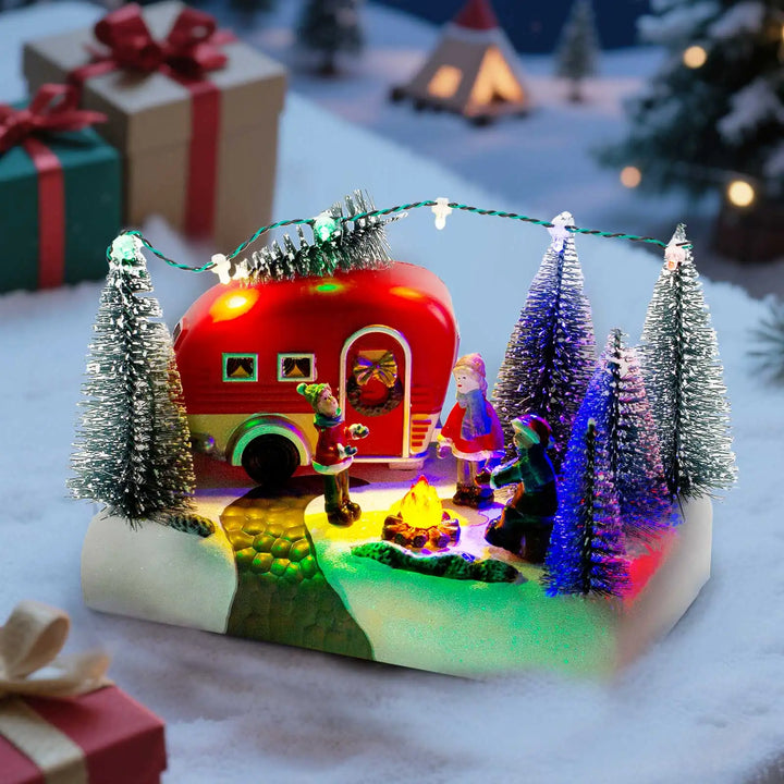 Figurine de Noël HolidayCamper | Scène de camping LED avec musique | Maison décorative de Noël avec enfants et feu de camp | Fonctionne sur piles