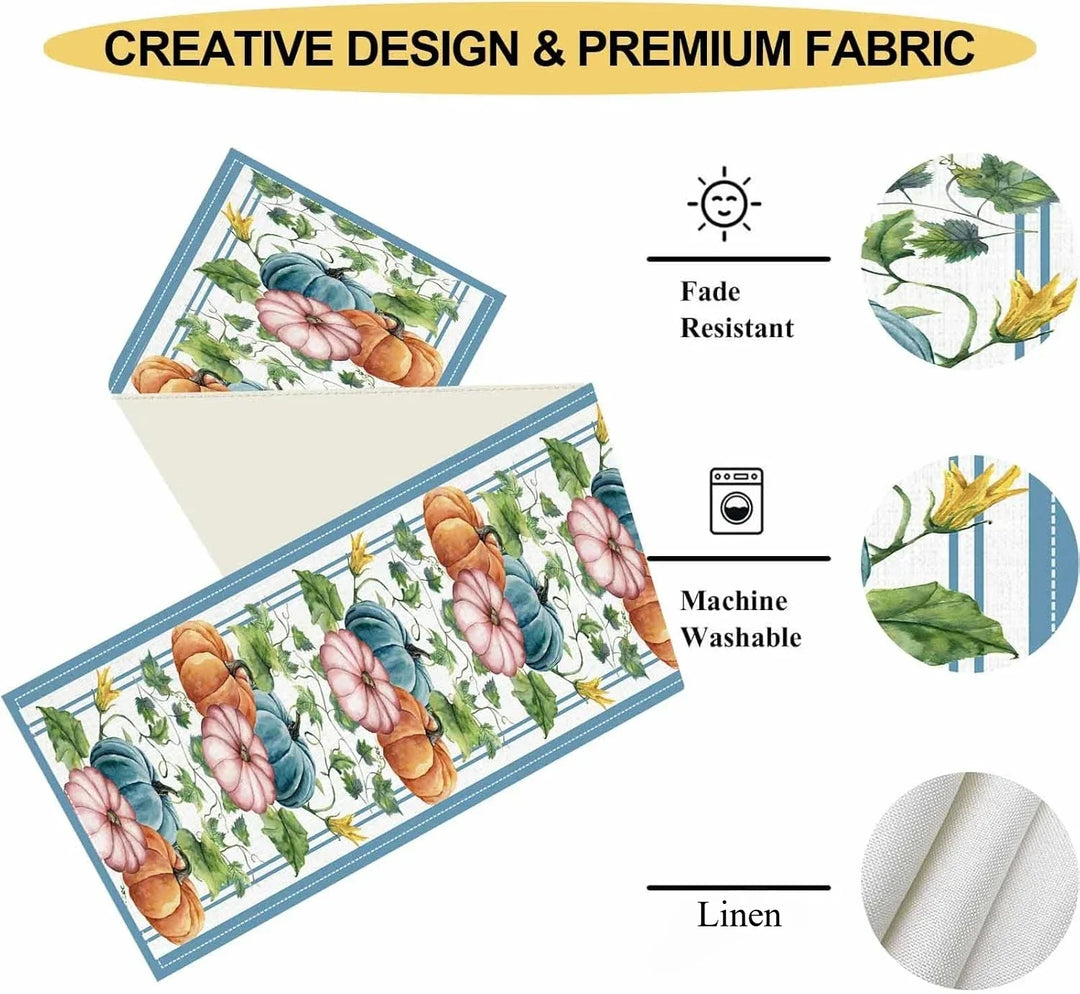Chemin de table d'automne AutumnGrace | Aspect lin avec motifs de citrouille et de feuilles | Pour Thanksgiving, cuisine et table de fête