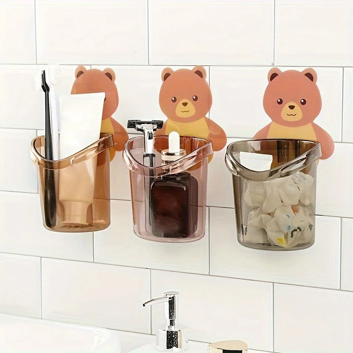 Support mural pour brosse à dents BärliFix | Avec gobelet & autocollant | Gain de place & sans perçage | Design mignon d'ours