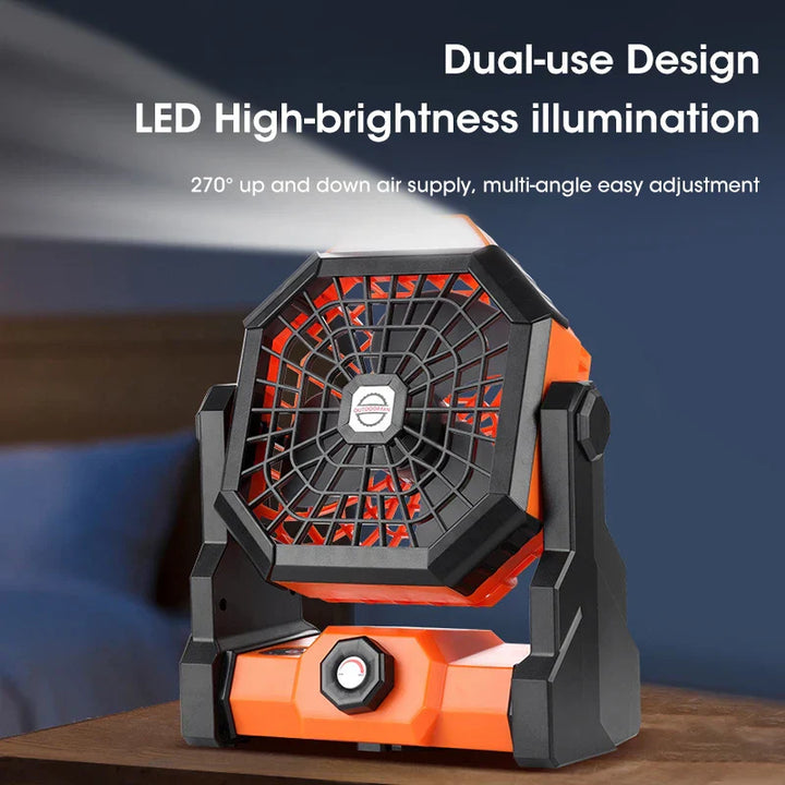 Campora BreezeLight | Ventilateur de camping 2-en-1 avec lampe LED | Batterie de 7800 mAh | Rotatif à 270° | Rechargeable par USB | Pour tente, extérieur & voyages