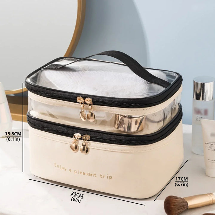 Trousse de maquillage Lunavie | Double couche & Imperméable | Grande capacité | Couvercle transparent