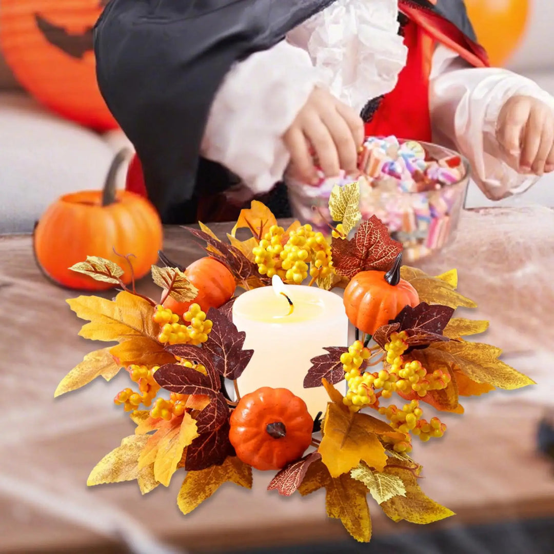 Couronne de bougies HarvestGlow | 25 cm de diamètre extérieur | Feuilles d'érable, citrouilles & baies | Décoration d'automne