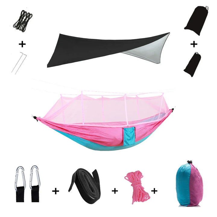 Trekviva Hamac de Camping | Filet anti-moustiques intégré & Tarp de pluie | Ultra léger & Résistant | Solution 3-en-1 pour l'extérieur