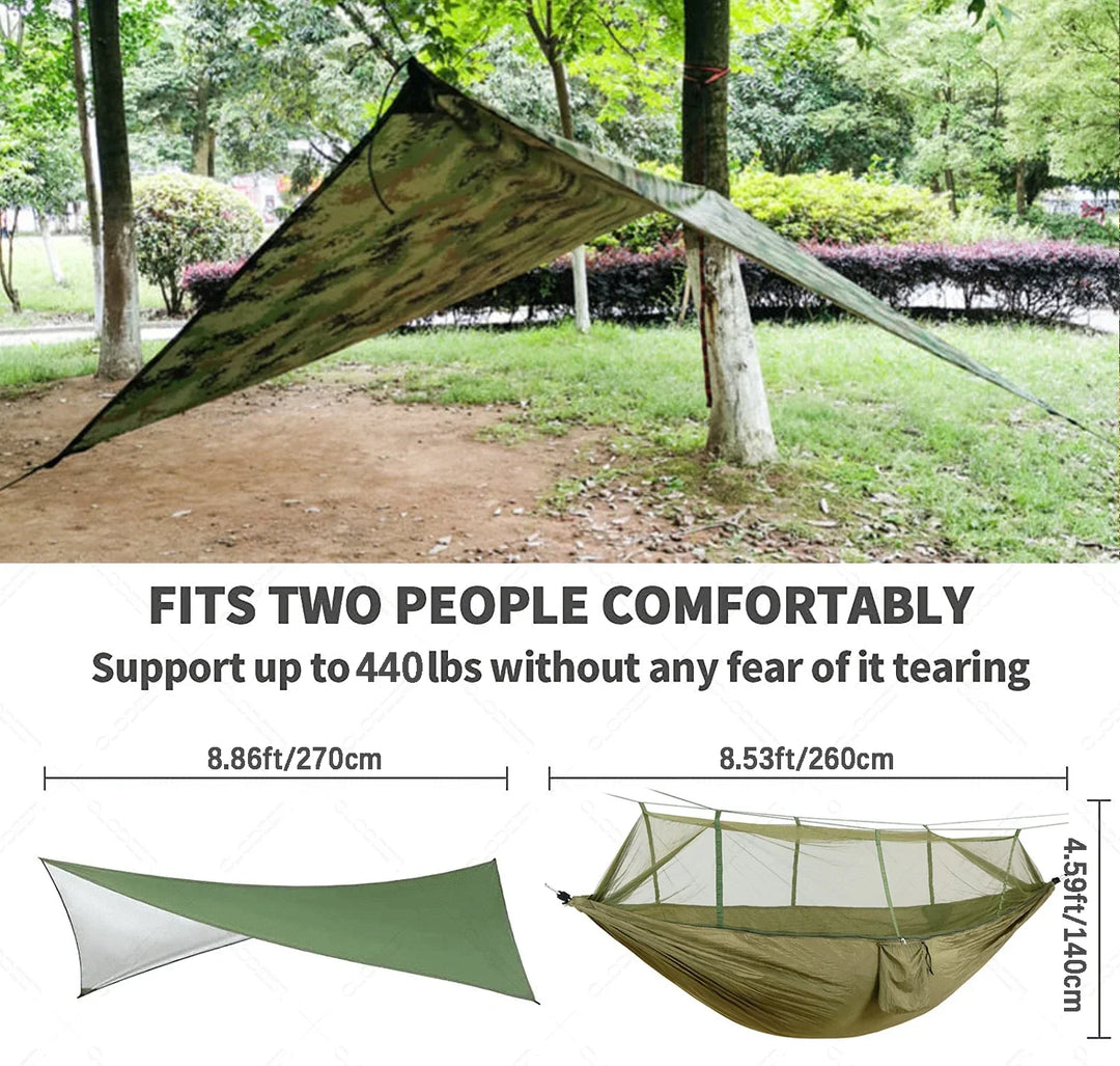 Trekviva Hamac de Camping | Filet anti-moustiques intégré & Tarp de pluie | Ultra léger & Résistant | Solution 3-en-1 pour l'extérieur