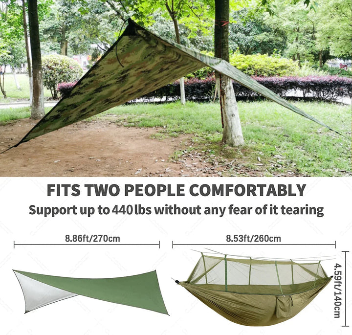 Trekviva Hamac de Camping | Filet anti-moustiques intégré & Tarp de pluie | Ultra léger & Résistant | Solution 3-en-1 pour l'extérieur
