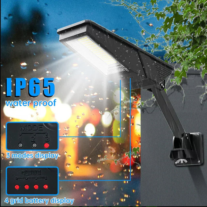 Lampe de rue solaire Heliotrax avec télécommande | 138 LEDs | 3 modes d'éclairage | Étanche IP65 | Pour jardin, allée et cour