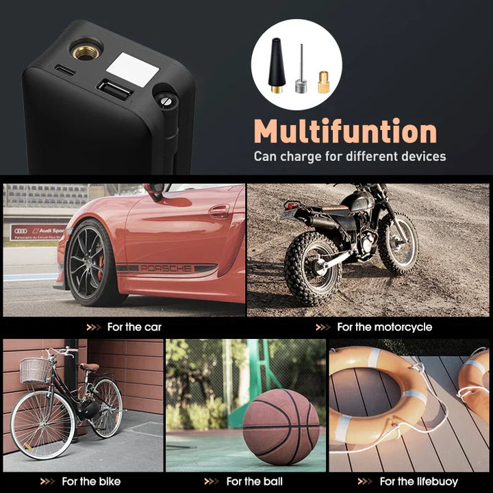 Compresseur d'air AIRTORO | Rechargeable et sans fil | Pour voiture, vélo et ballons | Avec fonction de batterie externe