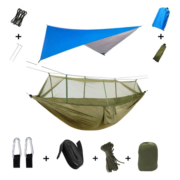 Trekviva Hamac de Camping | Filet anti-moustiques intégré & Tarp de pluie | Ultra léger & Résistant | Solution 3-en-1 pour l'extérieur