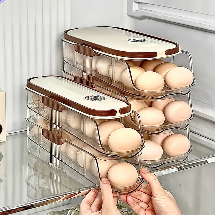 RollEgg Max | Support à œufs automatique pour réfrigérateur | Organisateur à œufs empilable en plastique transparent