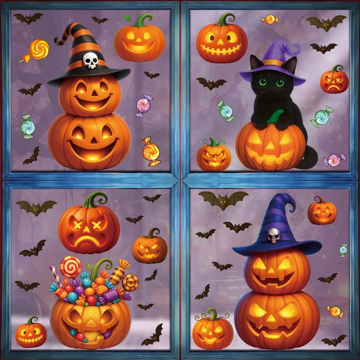 Autocollants de fenêtre SpookyPumpkins | Autocollants de décoration d'Halloween | Citrouille, chat & fantôme | Réutilisables & adhésifs statiques