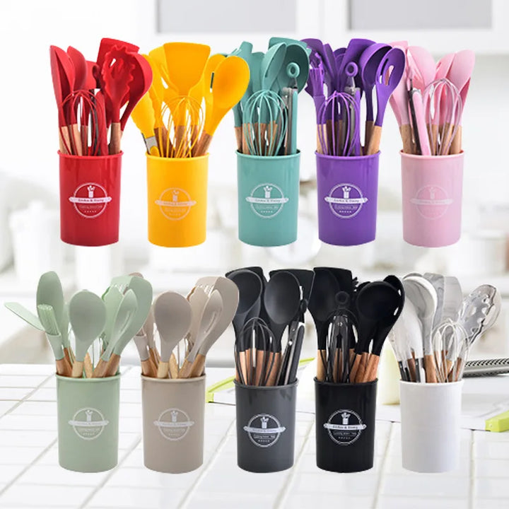 Ensemble d'ustensiles de cuisine en silicone Culinora | Résistant à la chaleur jusqu'à 230 °C | 12 pièces avec poignées en bois | Fouet, spatule, pince & plus