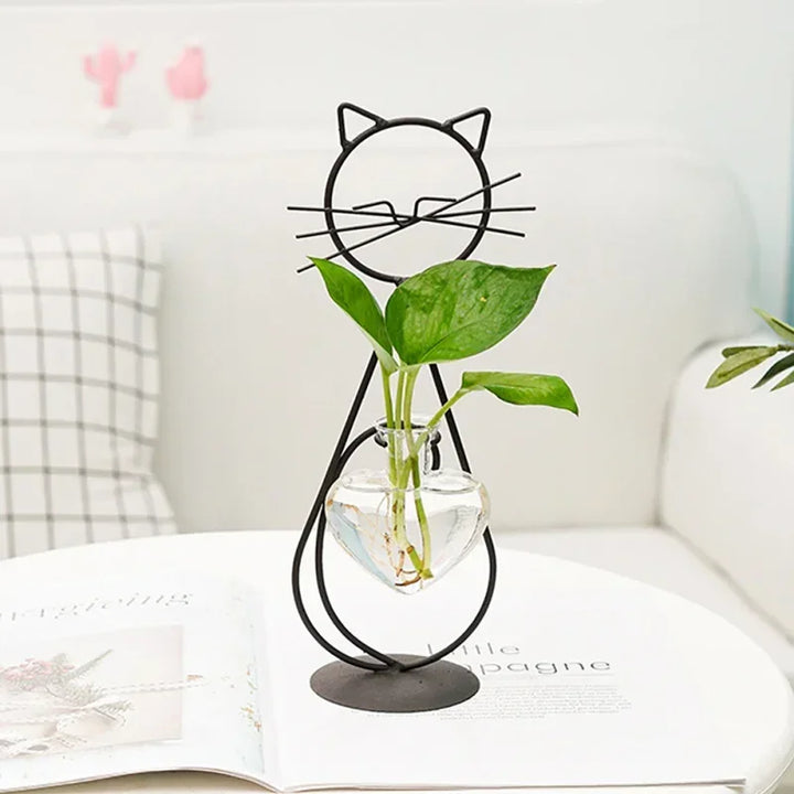 Felora | Vase en verre en forme de cœur pour hydroponie avec support pour chat | Fer forgé fait main & verre borosilicaté